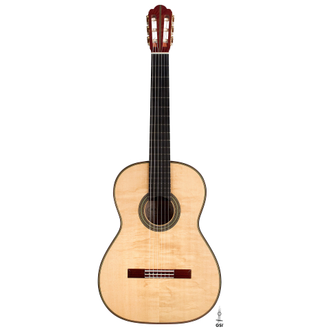 The front of a 2022 Kathrin Hauser "Segovia" classical guitar made of spruce and Indian rosewood.