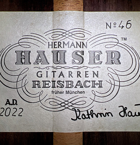 The label of a 2022 Kathrin Hauser "Segovia" classical guitar made of spruce and Indian rosewood.