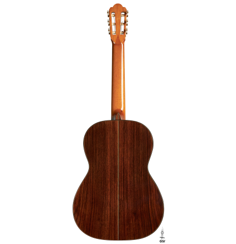 The back of a 2019 Kathrin Hauser "Segovia" classical guitar made of spruce and Indian rosewood.