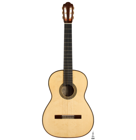 The front of a 2019 Kathrin Hauser "Segovia" classical guitar made of spruce and Indian rosewood.