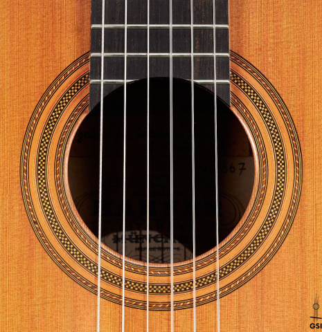 The rosette of a 1970 Hermann Hauser II CD/CSAR previously owned by classical guitarist Celedonio Romero