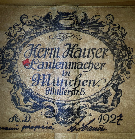 This is the label of a 1927 Hermann Hauser I classical guitar made with spruce for the soundboard and maple for the back and sides.
