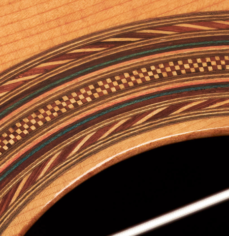 Close-up of the rosette of a 1952 Hermann Hauser I SP/CSAR (ex Sergio Abreu) made with spruce and CSA rosewood