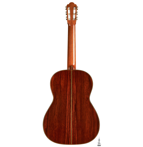 The back of a 2005 Hermann Hauser III classical guitar made of spruce and CSA rosewood