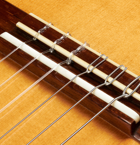 The bridge, tie-block and saddle of a 2005 Hermann Hauser III classical guitar made of spruce and CSA rosewood