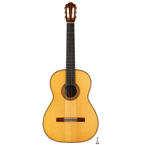 The front of a 2005 Hermann Hauser III classical guitar made of spruce and CSA rosewood