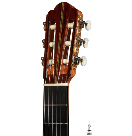 The headstock of a 2005 Hermann Hauser III classical guitar made of spruce and CSA rosewood
