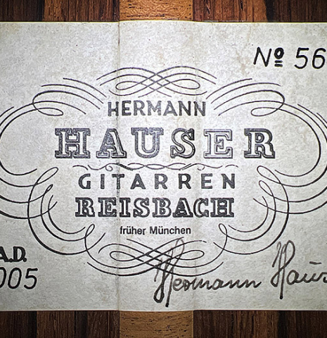 The label of a 2005 Hermann Hauser III classical guitar made of spruce and CSA rosewood