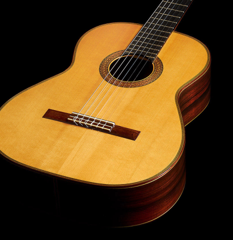 The soundboard and sides of a 2005 Hermann Hauser III classical guitar made of spruce and CSA rosewood