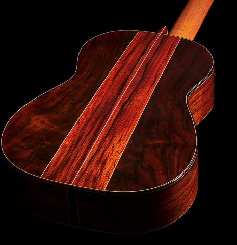 The back and sides of a 2013 Hermann Hauser III "Llobet" classical guitar made of spruce and CSA rosewood