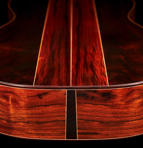 View of the back and sides at the foot of a 2013 Hermann Hauser III "Llobet" classical guitar made of spruce and CSA rosewood