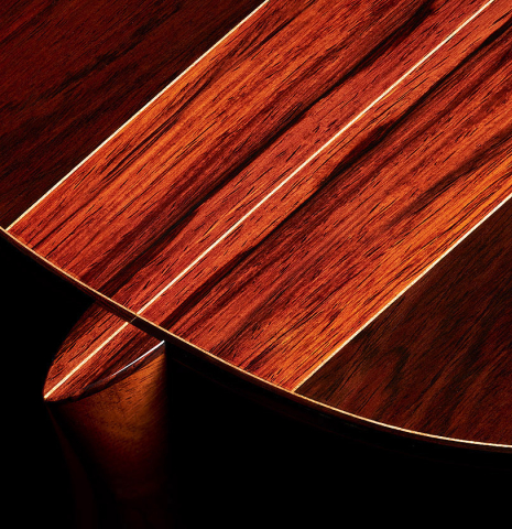 The heel and back purflings of a 2013 Hermann Hauser III "Llobet" classical guitar made of spruce and CSA rosewood