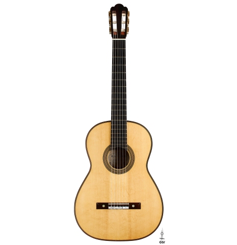 The front of a 2013 Hermann Hauser III "Llobet" classical guitar made of spruce and CSA rosewood