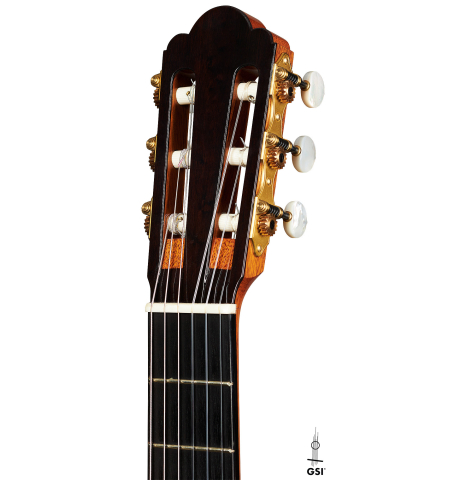 The headstock of a 2013 Hermann Hauser III "Llobet" classical guitar made of spruce and CSA rosewood
