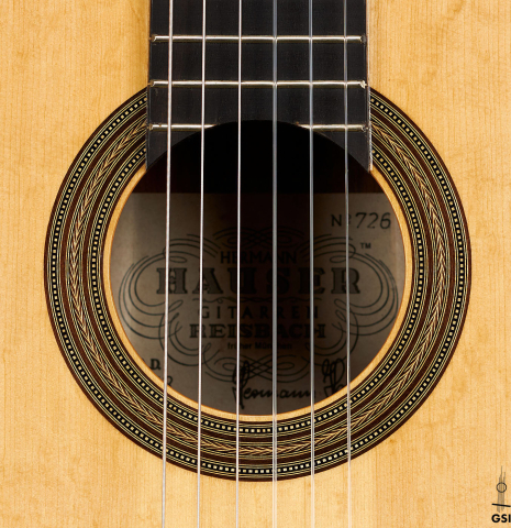 The rosette of a 2013 Hermann Hauser III "Llobet" classical guitar made of spruce and CSA rosewood