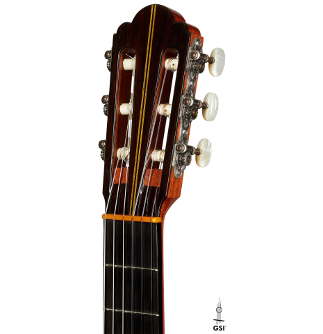 The headstock of a 1969 Hermann Hauser II (ex Pepe Romero) made of cedar and CSA rosewood