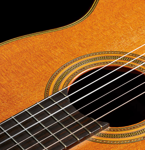 The soundboard and rosette of a 1969 Hermann Hauser II (ex Pepe Romero) made of cedar and CSA rosewood