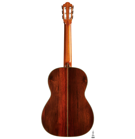 The back of a 2010 Hermann Hauser III classical guitar made of spruce and CSA rosewood