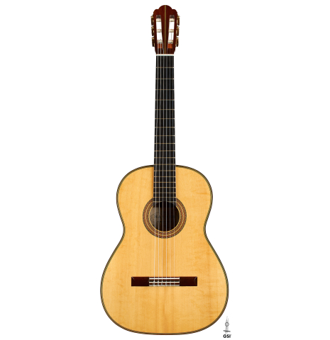 The front of a 2010 Hermann Hauser III classical guitar made of spruce and CSA rosewood