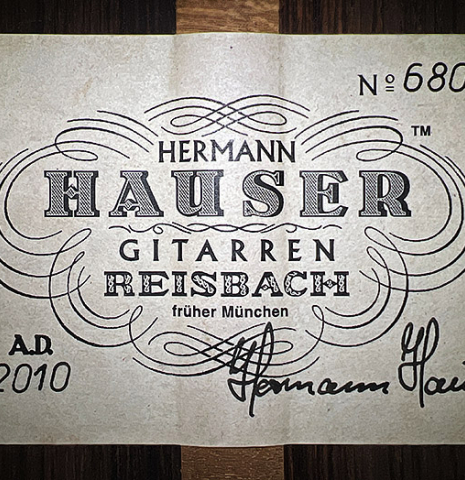The label of a 2010 Hermann Hauser III classical guitar made of spruce and CSA rosewood