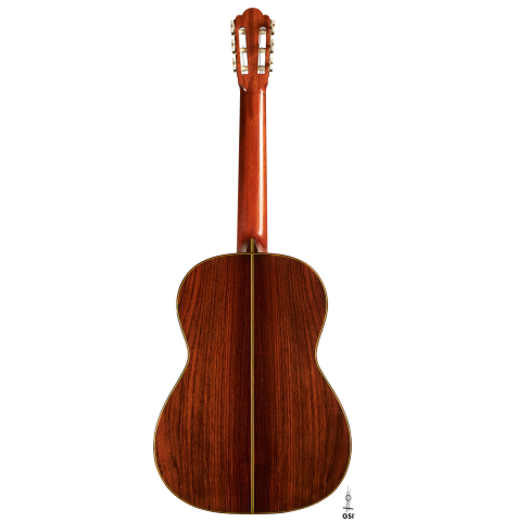 The back of a 1976 Hermann Hauser II classical guitar made of spruce and Indian rosewood