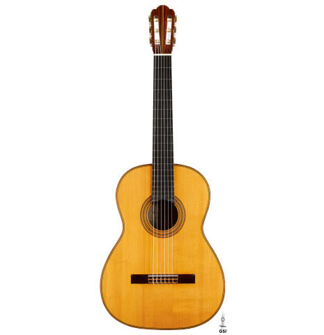 The front of a 1976 Hermann Hauser II classical guitar made of spruce and Indian rosewood