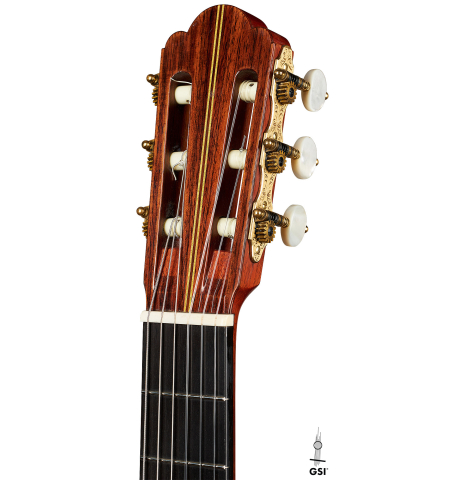 The headstock of a 1976 Hermann Hauser II classical guitar made of spruce and Indian rosewood