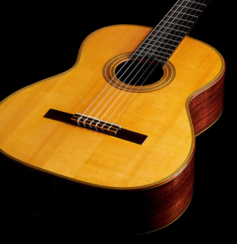 The top and sides of a 1976 Hermann Hauser II classical guitar made of spruce and Indian rosewood