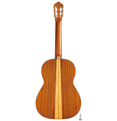 The back of a 2002 Hermann Hauser III classical guitar made of spruce and pau ferro