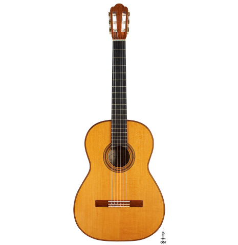 The front of a 2002 Hermann Hauser III classical guitar made of spruce and pau ferro