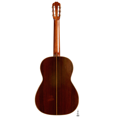 The back of a 1934 Hermann Hauser I classical guitar made of spruce and CSA rosewood
