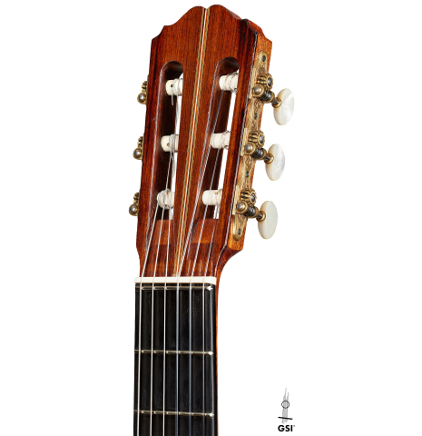 The headstock of a 1934 Hermann Hauser I classical guitar made of spruce and CSA rosewood