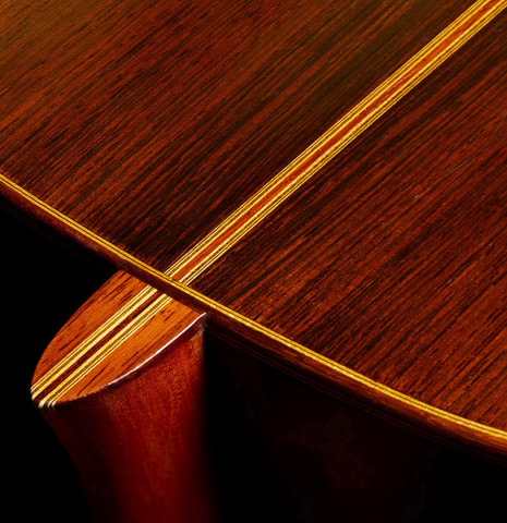 The heel, back binding and purfling of a 1934 Hermann Hauser I classical guitar made of spruce and CSA rosewood