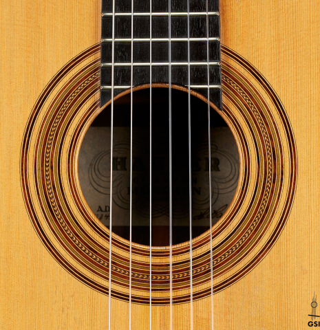 The rosette of a 1934 Hermann Hauser I classical guitar made of spruce and CSA rosewood
