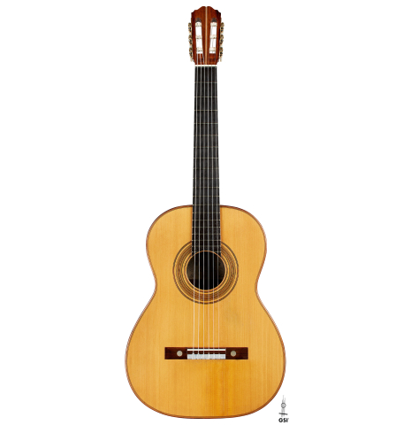 The front of a 1934 Hermann Hauser I classical guitar made of spruce and CSA rosewood