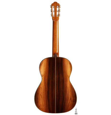The back of a 2000 Hermann Hauser III classical guitar made of spruce and CSA rosewood