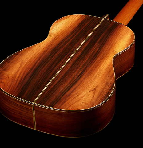 The back and sides at the foot of a 2000 Hermann Hauser III classical guitar made of spruce and CSA rosewood