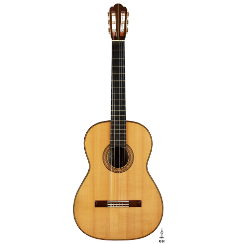 The front of a 2000 Hermann Hauser III classical guitar made of spruce and CSA rosewood