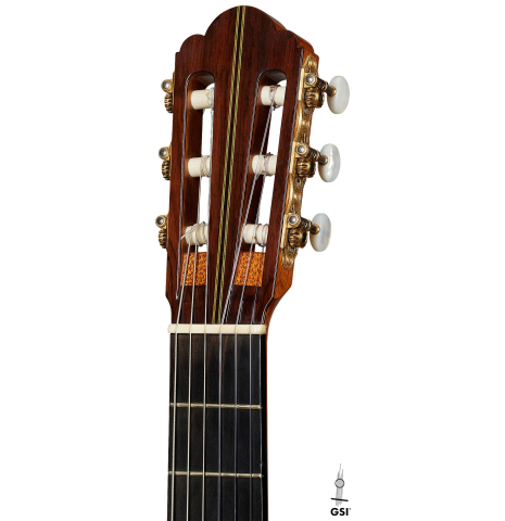 The headstock of a 2000 Hermann Hauser III classical guitar made of spruce and CSA rosewood