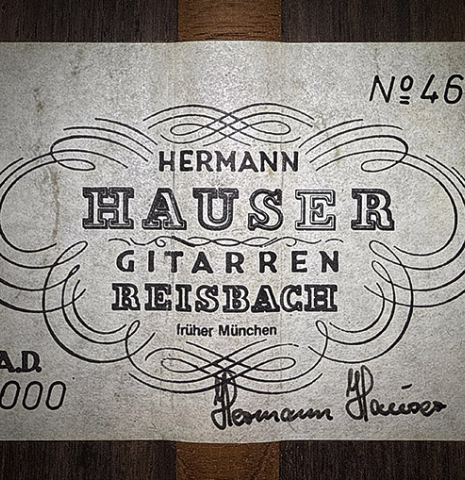 The label of a 2000 Hermann Hauser III classical guitar made of spruce and CSA rosewood