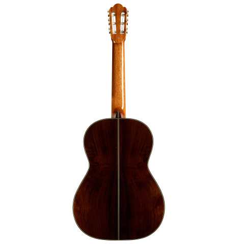 The back of a 2022 Kathrin Hauser "Segovia" classical guitar made of spruce and CSA rosewood