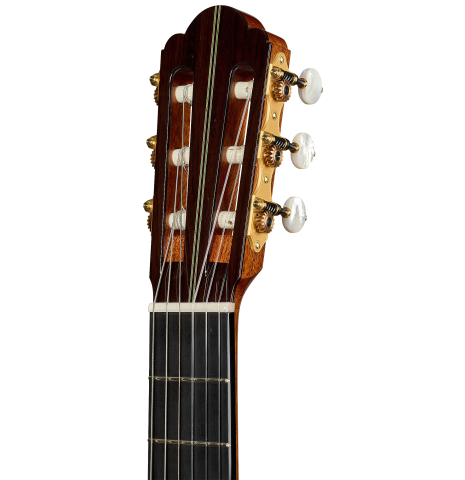 The headstock of a 2022 Kathrin Hauser "Segovia" classical guitar made of spruce and CSA rosewood