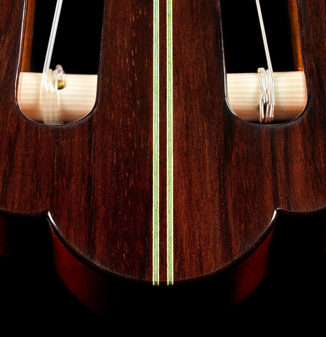 The headstock inlays and tuning machines of a 2022 Kathrin Hauser "Segovia" classical guitar made of spruce and CSA rosewood