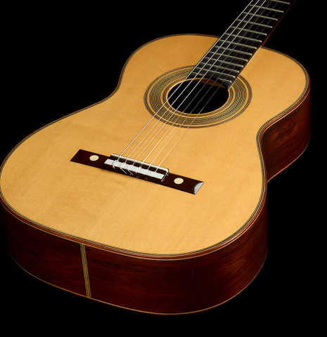 The soundboard of a 2004 Hermann Hauser III "1931 Segovia" classical guitar (ex Marcelo Kayath) made of spruce and CSA rosewood