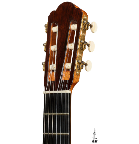 The headstock of a 2004 Hermann Hauser III "1931 Segovia" classical guitar (ex Marcelo Kayath) made of spruce and CSA rosewood