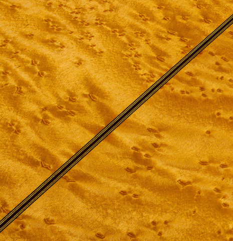 The back center seam of a 2016 Hermann Hauser III classical guitar (ex Marcelo Kayath) made of spruce and maple