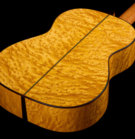 The back and sides of a 2016 Hermann Hauser III classical guitar (ex Marcelo Kayath) made of spruce and maple