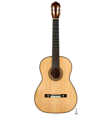 The front of a 2016 Hermann Hauser III classical guitar (ex Marcelo Kayath) made of spruce and maple