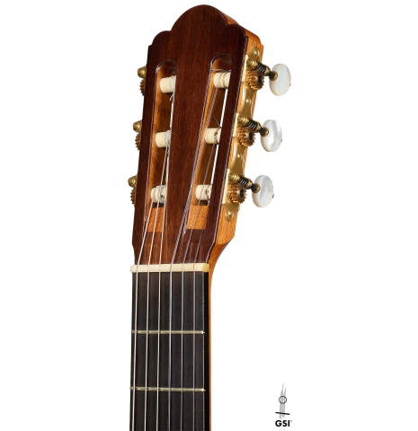 The headstock of a 2016 Hermann Hauser III classical guitar (ex Marcelo Kayath) made of spruce and maple