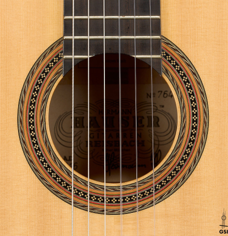 The rosette of a 2016 Hermann Hauser III classical guitar (ex Marcelo Kayath) made of spruce and maple